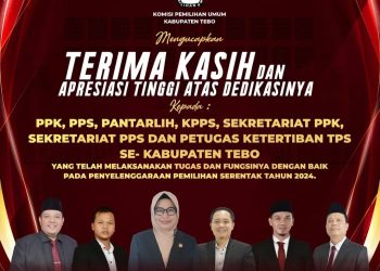 KPU Tebo mengucapkan terima kasih kepada seluruh badan adhoc di PIlkada Serentak Tahun 2024. FOTO: IST