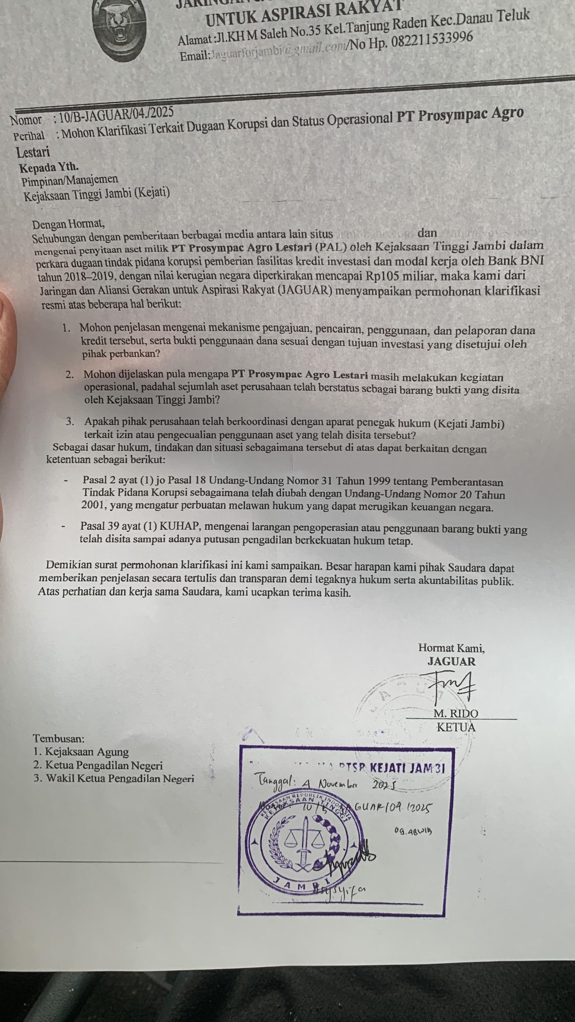 Surat kepada Kejati Jambi dari Ormas Jaguar. FOTO: IST