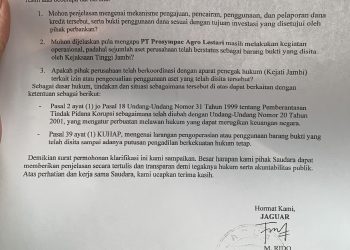 Surat kepada Kejati Jambi dari Ormas Jaguar. FOTO: IST