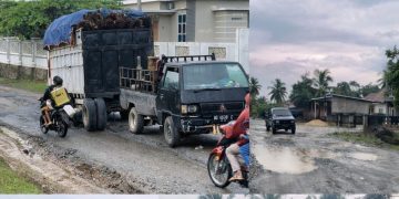 Beberapa spot jalan rusak dan berlubang di Desa Tanjung Pucuk Jambi, tepatnya di Jalan Padang Lamo Kecamatan VII Koto Kabupaten Tebo. FOTO: IST