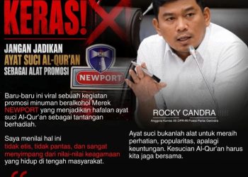 Anggota DPR-RI Rocky Candra kecam keras brand minuman beralkohol gunakan ayat suci Al-Qur'an sebagai bahan quiz. FOTO: IST