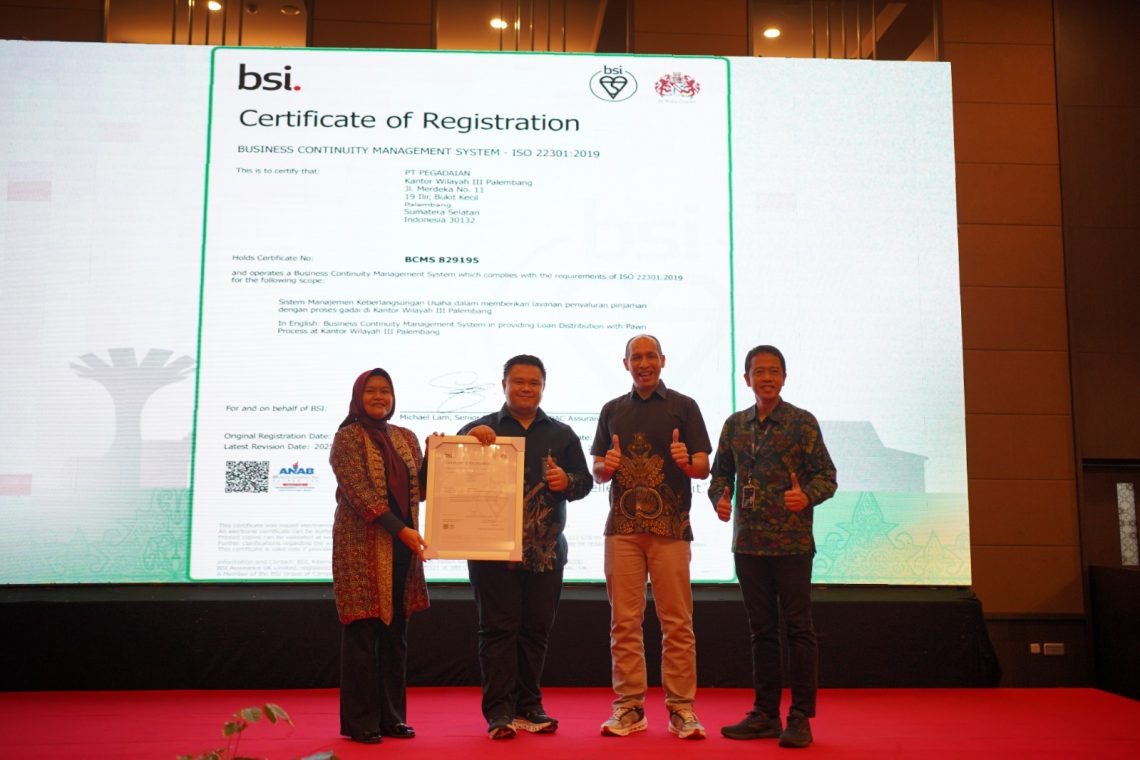 Pegadaian Kembali Raih ISO 22301:2019, Bukti Komitmen Jaga Keberlangsungan Layanan Masyarakat. FOTO: IST