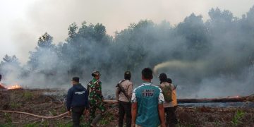 Satgas saat memadamkan api di kawasan gambut di Tanjab Timur. FOTO: IST