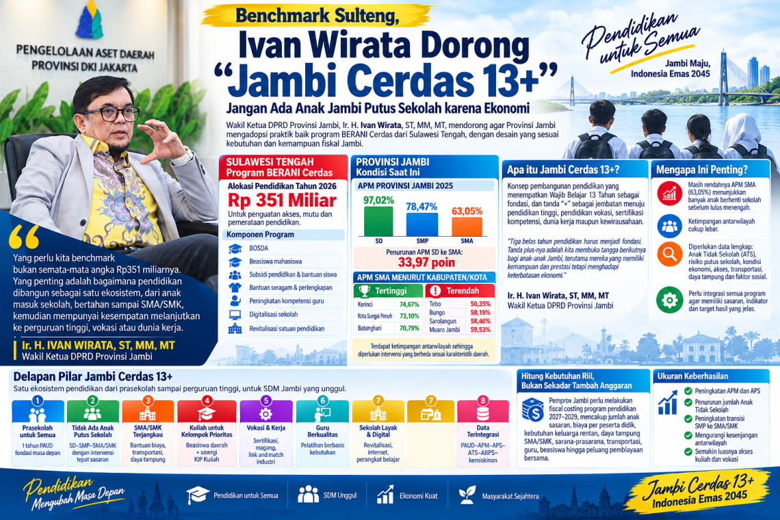 Flyer yang menunjukkan Benchmark Jambi Cerdas 13+ yang didorong oleh Ivan Wirata. FOTO: IST