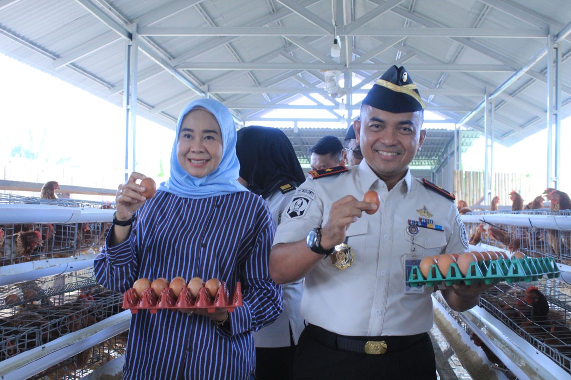Kakanwil Hadiri Panen Perdana 500 Butir Telur Ayam Petelur di Lapas Narkotika Muara Sabak. FOTO: IST